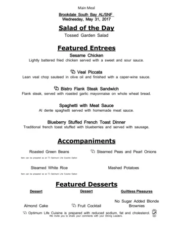 Dining menu of Brookdale South Bay, Assisted Living, Nursing Home, Independent Living, CCRC, South Kingstown, RI 4