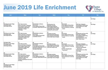 Activity Calendar of Baptist Village of Oklahoma City, Assisted Living, Nursing Home, Independent Living, CCRC, Oklahoma City, OK 2